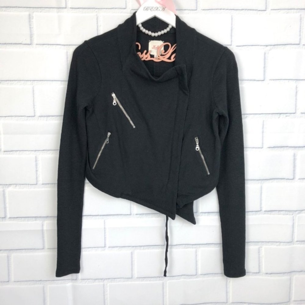 Madewell Moto Jacket Fleece Crop Sweatshirt Black Biker Jacket Hi-Line XS
